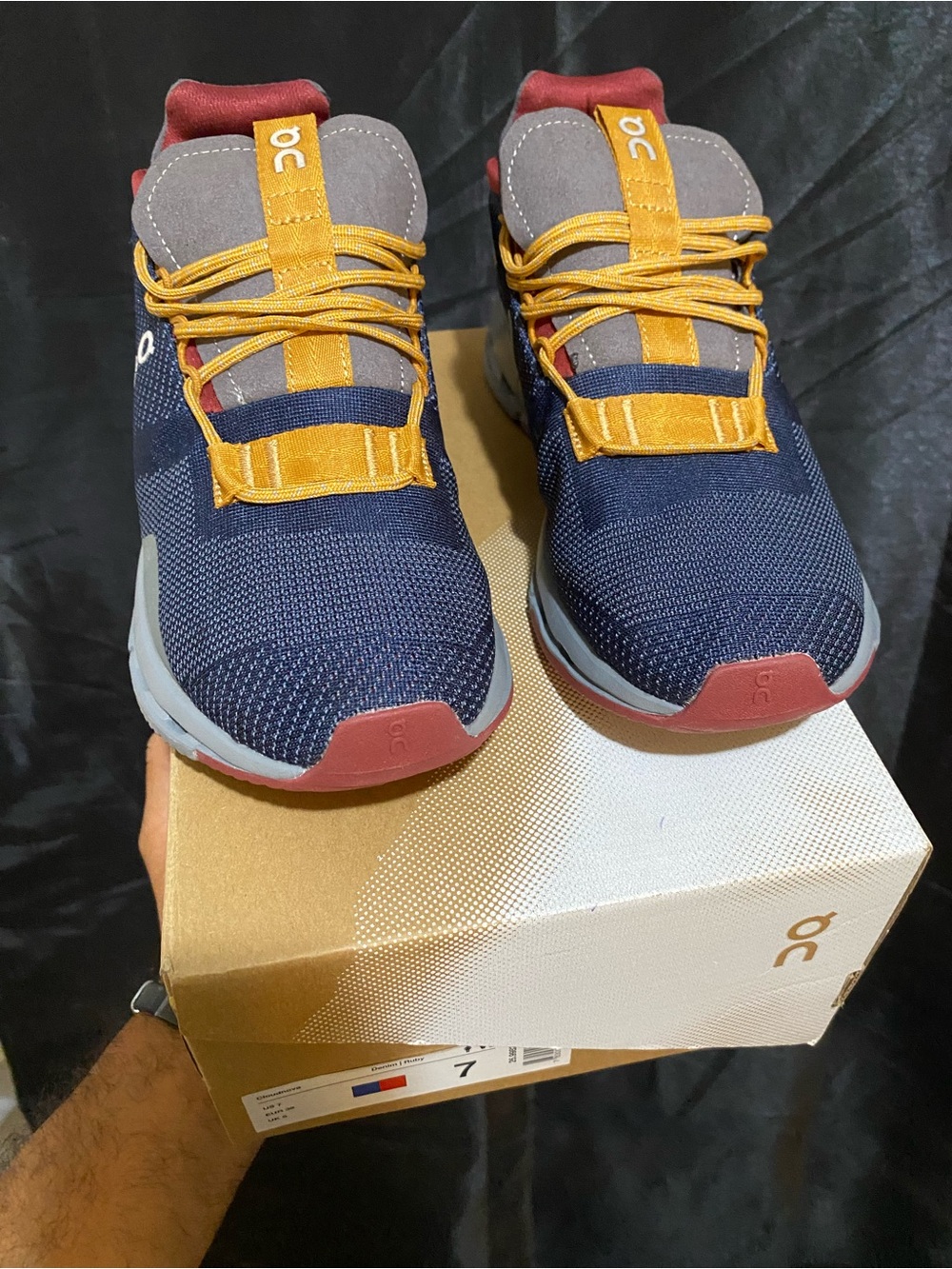 On Running woman’s Navy Mustard Red Accent Sneakers
